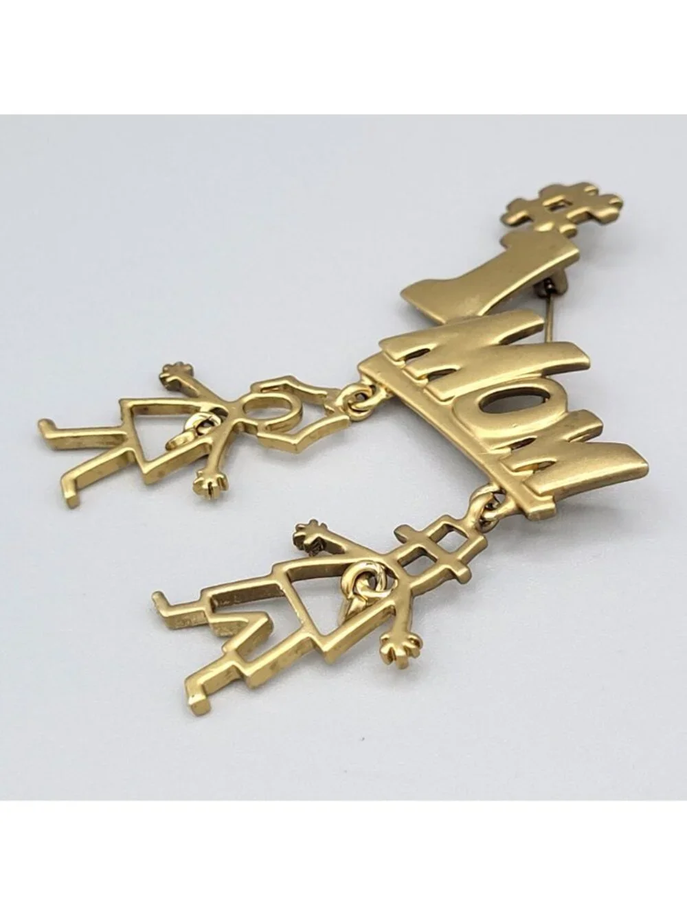 Gold Tone #1 Mom Pin Brooch Dangling Boy and Girl Charms Heart Accents Signed